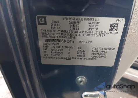 2011 Chevrolet Traverse 1Lt from USA, damaged, VIN 1GNKRGED9BJ405412